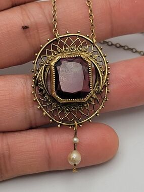 Edwardian Lavaliere Pendant Amethyst Glass Crescent Moon Pearl Drop Brass